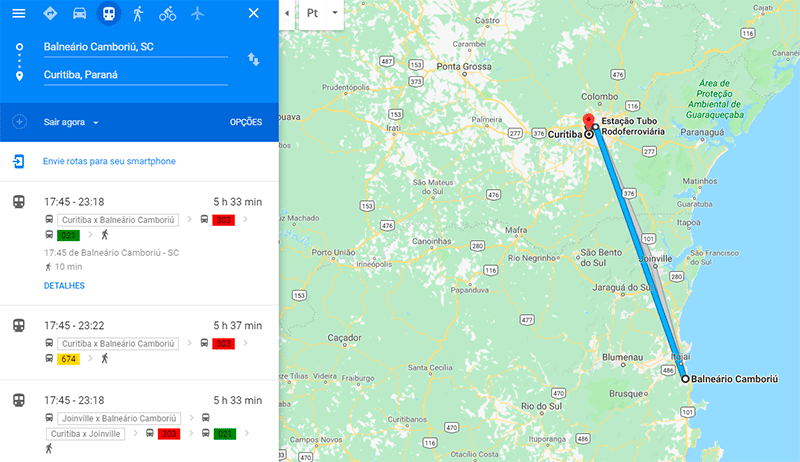 Ônibus de Balneário Camboriú para Curitiba